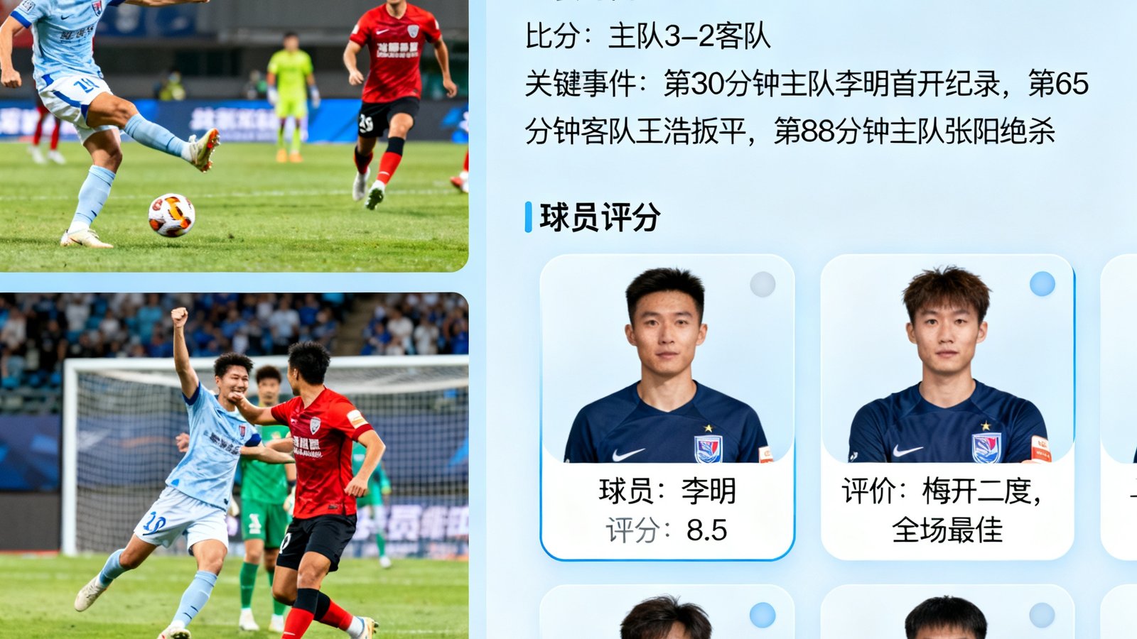 赛后战报文章页面，左侧为比赛精彩照片，右侧为详细文字报道和球员评分卡片